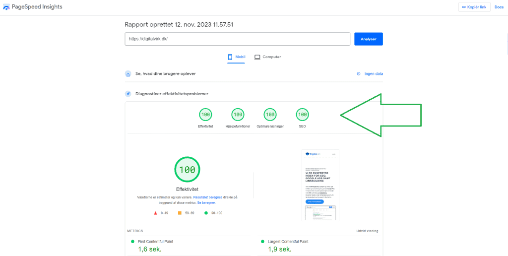 Forbedre Brugeroplevelsen live mobile test fra pagespeed.web.dev